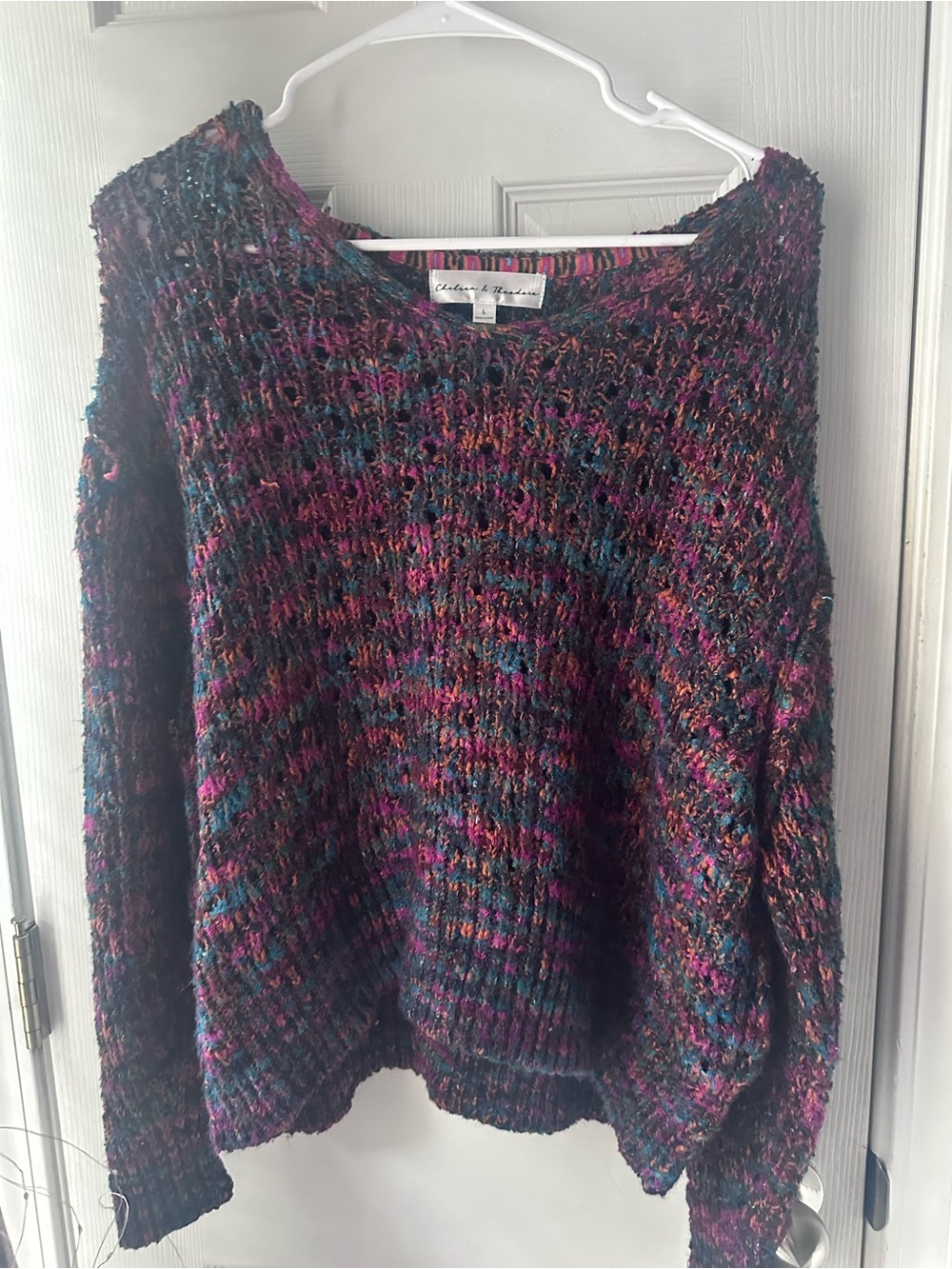 Chelsea and Theodore Multicolor Chunky Ribbed Knit Sweater - Purple, Teal, Pink
